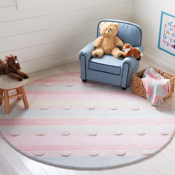 Kids Light Blue/Pink 5 ft. x 5 ft. Round Polka Dot Area Rug