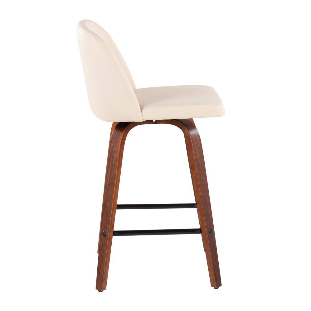Set of 2 Walnut Wood and Beige Swivel Counter Stools