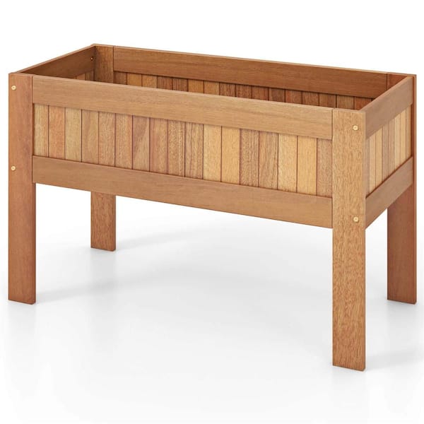 Costway 35 in. L 16 in. W x 24 in. H Nature Teak Wooden Elevated Planter Box with Solid Wood Frame, Sturdy Legs Slatted Bottom
