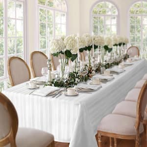 60 in. W x 102 in. L White Denley Stripe Damask Fabric Tablecloth