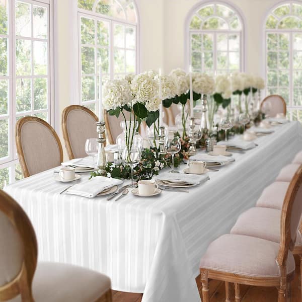 Elrene 60 in. W x 120 in. L White Denley Stripe Damask Fabric Tablecloth