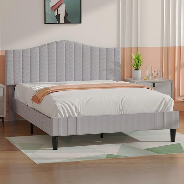 VECELO Upholstered Bed Frame with Sheepskin Fabric Adjustable Headboard Full Size Platform Bed, Light Gray