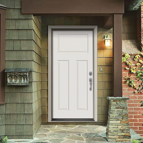 30 in. x 80 in. 3-Panel Craftsman White Painted Steel Prehung Left-Hand Inswing Front Door w/Brickmould