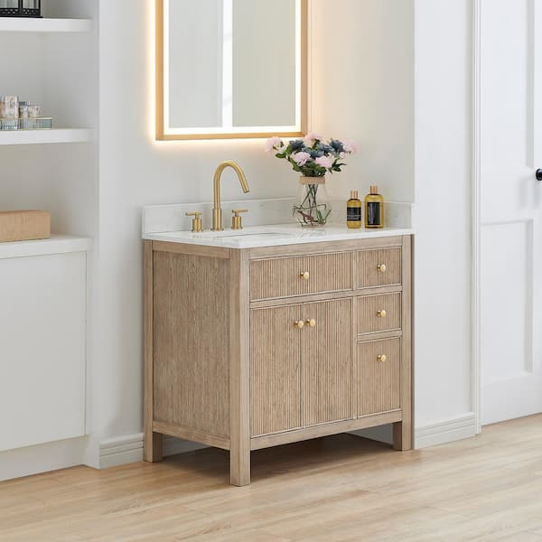 Cerrito 36 in. Single Sink Freestanding Nature Oak Bath Vanity with Grain White Engineered Stone Top Assembled