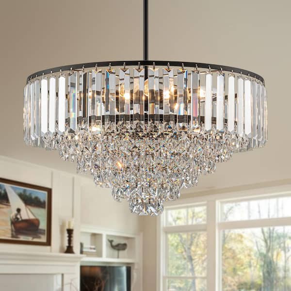 YANSUN 24 in. 12-Light 4-Tier Black Crystal Chandelier, Modern