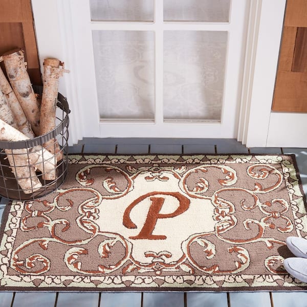 Monogram Mocha 3 ft. x 4 ft. "P" Ornate Floral Indoor/Outdoor Area Rug