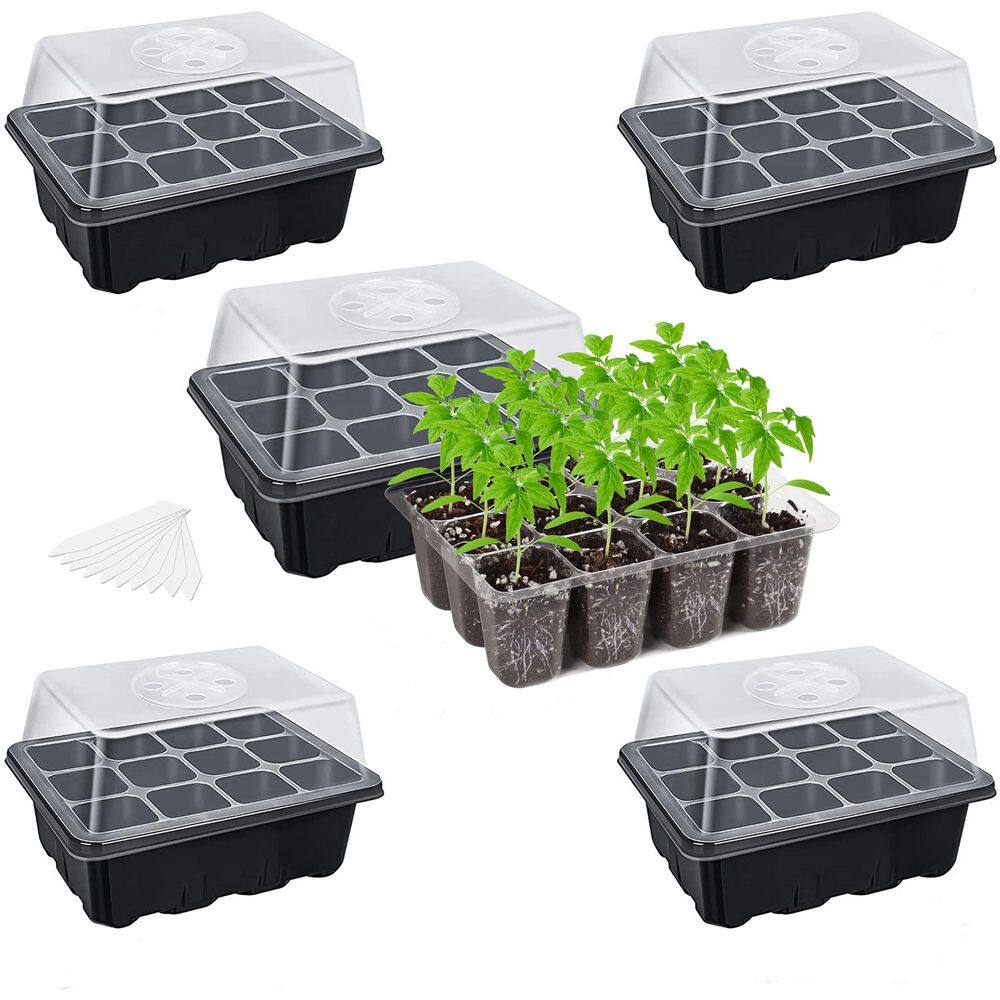 Black Plastic Seed Starter Trays with Humidity Dome and Base for Plant Propagation and Seeds Growing Starting (5-Pack)