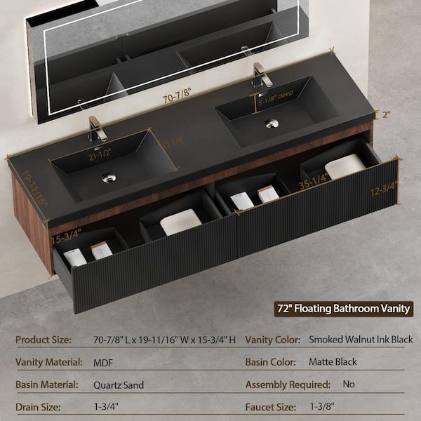 Abruzzo 72 in. Wall-Mounted Bath Vanity Modern Double Sink