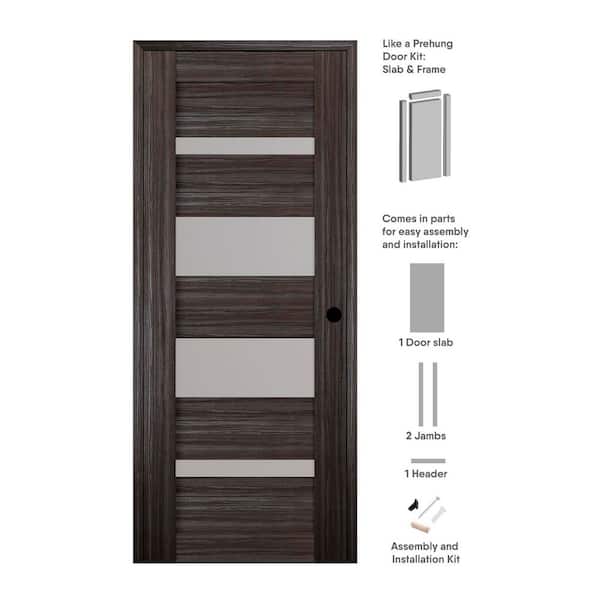 Mirella 30 in. x 80 in. Left-Hand Frosted Glass Solid Core 4-Lite Gray Oak Wood Composite Single Prehung Interior Door
