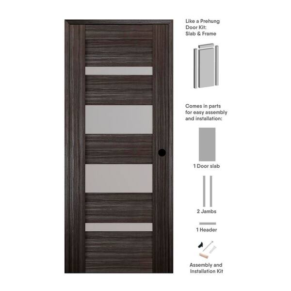 Belldinni 24 in. x 96 in. Mirella Left-Hand Solid Core 5-Lite Frosted Glass Gray Oak Wood Composite Single Prehung Interior Door