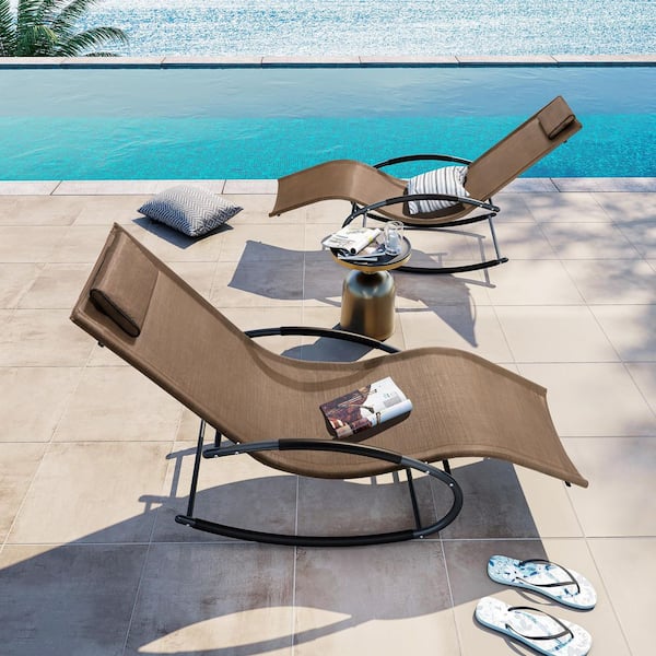 2-Piece Metal Outdoor Chaise Lounge Chair in Brown Patio Rocking Chair Outdoor Furniture for Garden