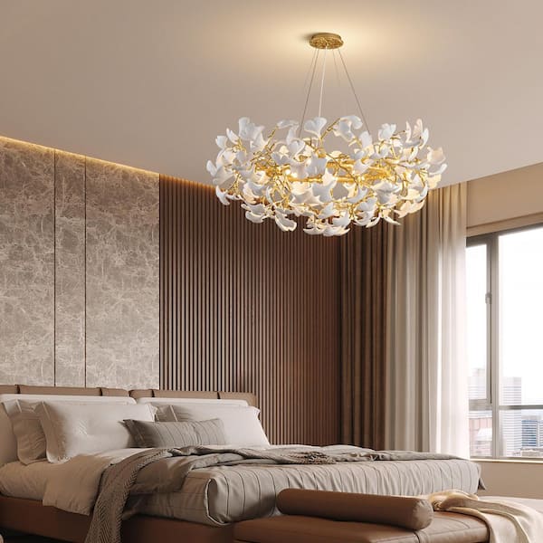 YUYI 47in. 16-Light Gold Chandelier, Luxury Ginkgo Branch