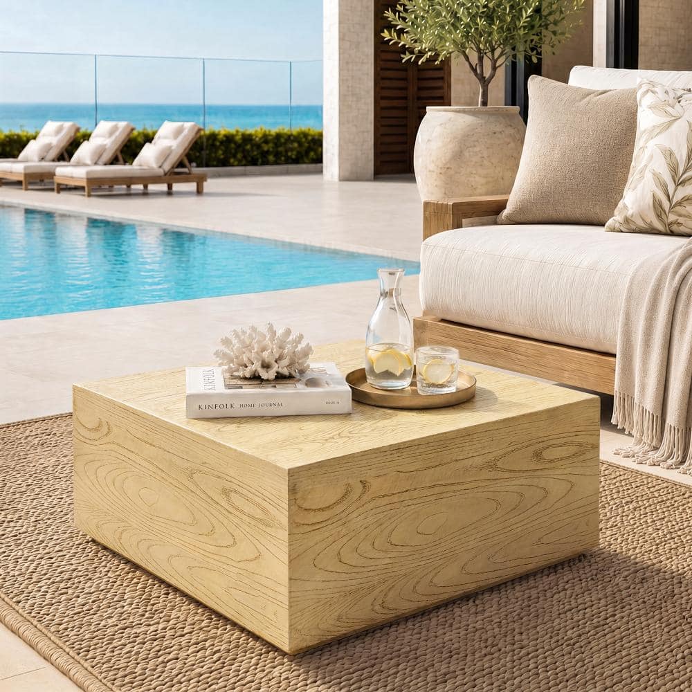 28 in. Outdoor Square Magnesium Oxide Coffee Table in Natural Oak