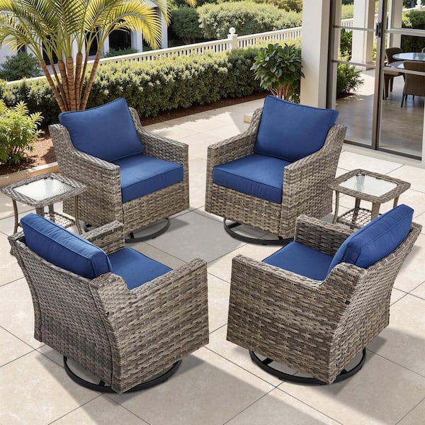 Glissia Gray 6-Piece Wicker Swivel Gliders Patio Conversation Set with 4 in. Navy Blue Cushions and Side Table