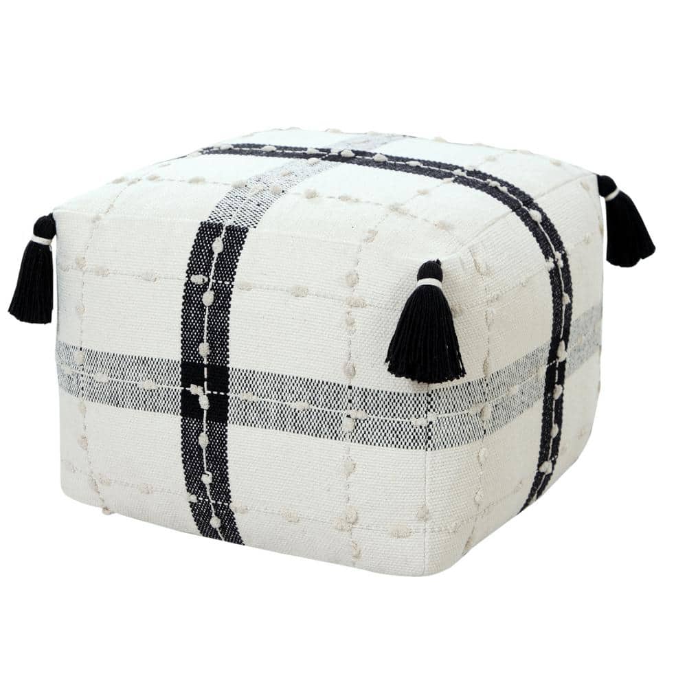 Modern Black / Ivory Textured Plaid Pouf Ottoman
