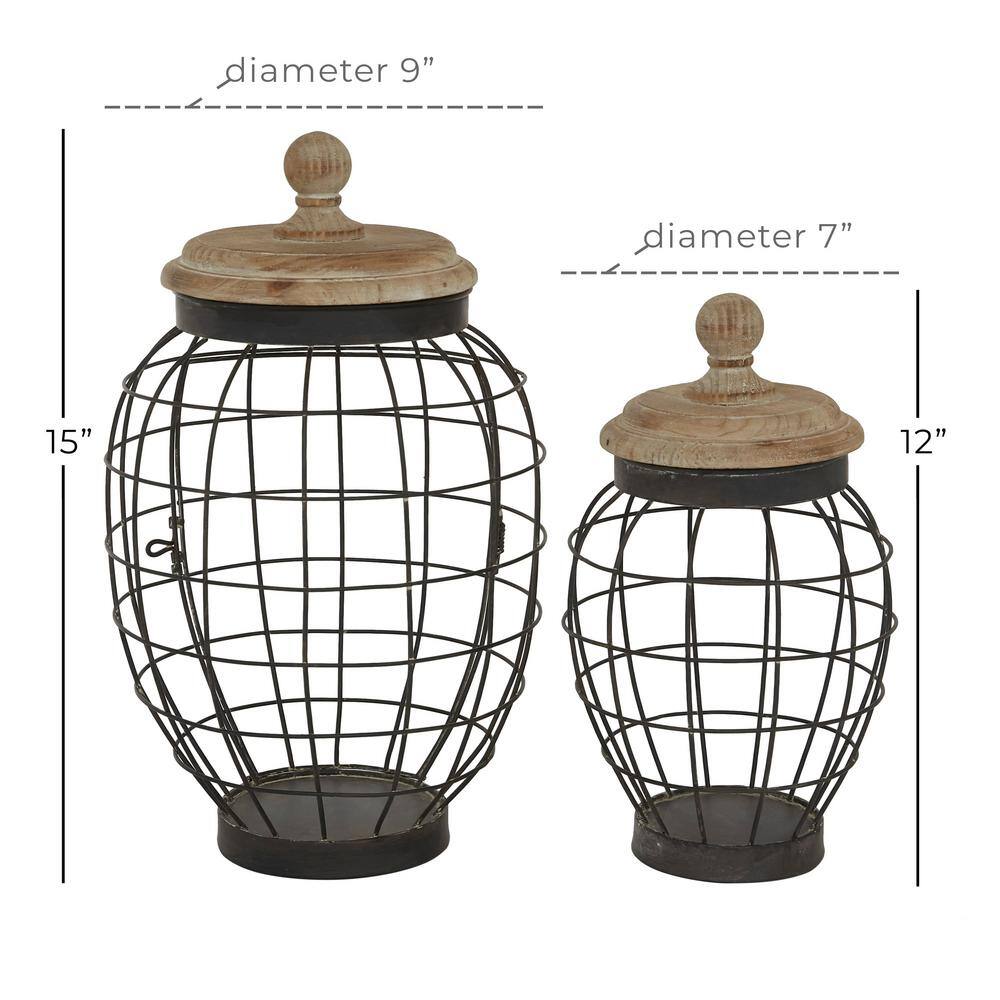 Black Metal Wire Decorative Jars with Wooden Lids, Set of 2