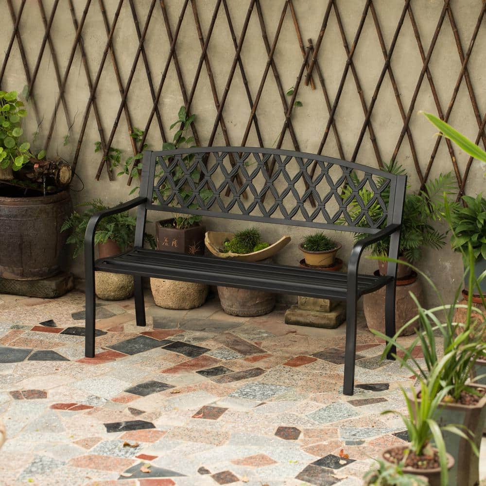 Black Steel Outdoor Garden Bench with Cast Iron Backrest