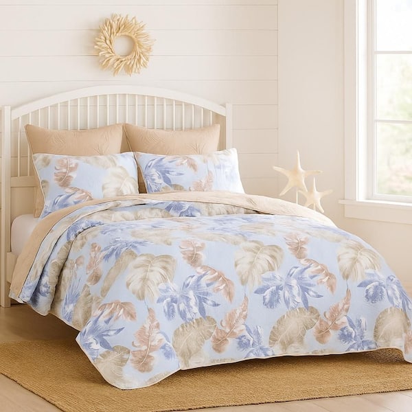 Heli 2-Piece Blue, Sandy Pink and Khaki Tropical Print Brushed Microfiber and Cotton Twin Size Quilt Set