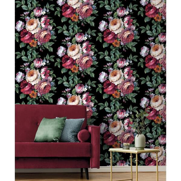 NextWall 30.75 sq. ft. Ebony and Jewel Box Large Bouquet Vinyl