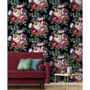 30.75 sq. ft. Ebony and Jewel Box Large Bouquet Vinyl Peel and Stick Wallpaper Roll