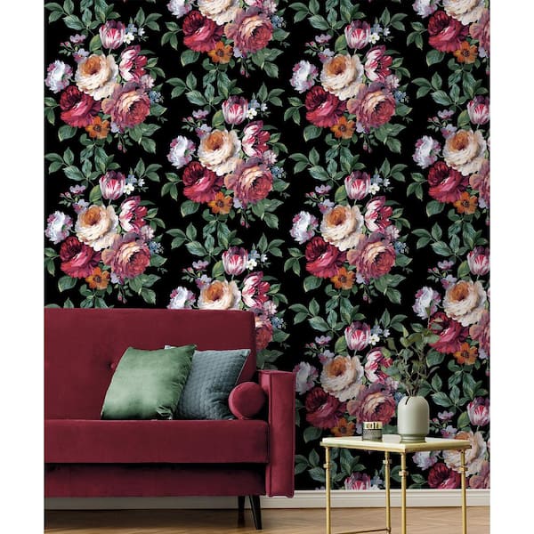 30.75 sq. ft. Ebony and Jewel Box Large Bouquet Vinyl Peel and Stick Wallpaper Roll