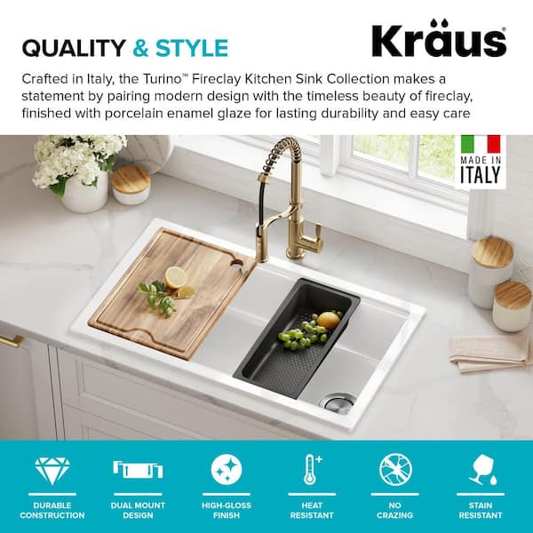 Turino Gloss White Fireclay 33 in. Single Bowl Drop-In/Undermount Workstation Kitchen Sink
