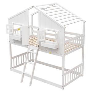 White Twin over Twin House Bunk Bed with Window Storage Box, Safety Guardrails and Ladder, Playhouse Bed with Roof