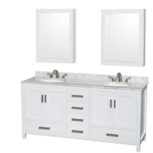 Sheffield 72 in. W x 22 in. D x 35 in. H Double Bath Vanity in White with White Carrara Marble Top and MC Mirrors
