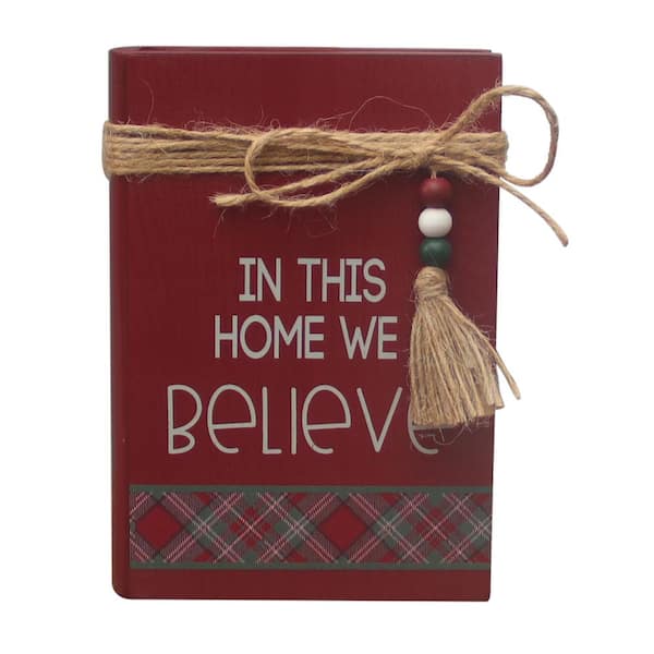 PARISLOFT 6.5 in. Red Wood In This Home, We Believe Christmas Decorative Faux Wood Book Wood Beads
