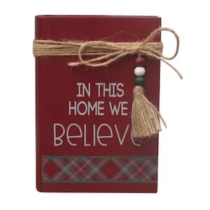 6.5 in. Red Wood In This Home, We Believe Christmas Decorative Faux Wood Book with Wood Beads