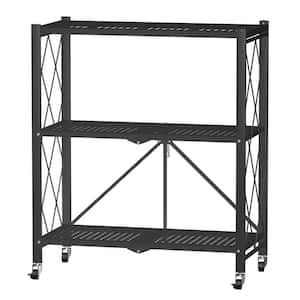 Black 3-Tier Steel Foldable Storage Garage Storage Shelving Unit with Wheels (27.9 in. W x 35 in. H x 13.4 in. D)