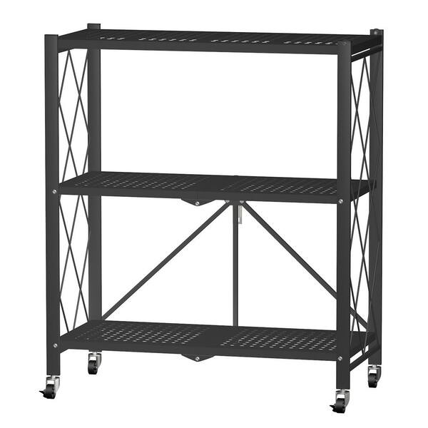 Amucolo Black Heavy Duty 3-Tier Foldable Metal Rack Storage Shelving Unit with Wheels(27.5 in. W x 31 in. H x 13.5 in. D)