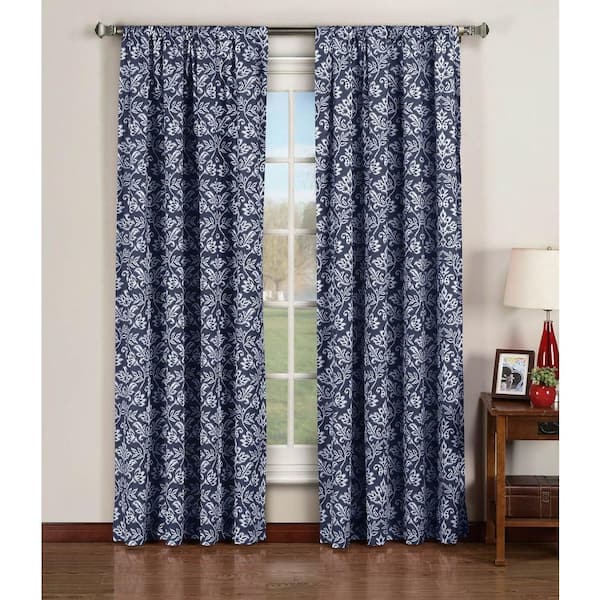Window Elements Semi-Opaque Valencia Printed Cotton Extra Wide 96 in. L Rod Pocket Curtain Panel Pair, Indigo (Set of 2)