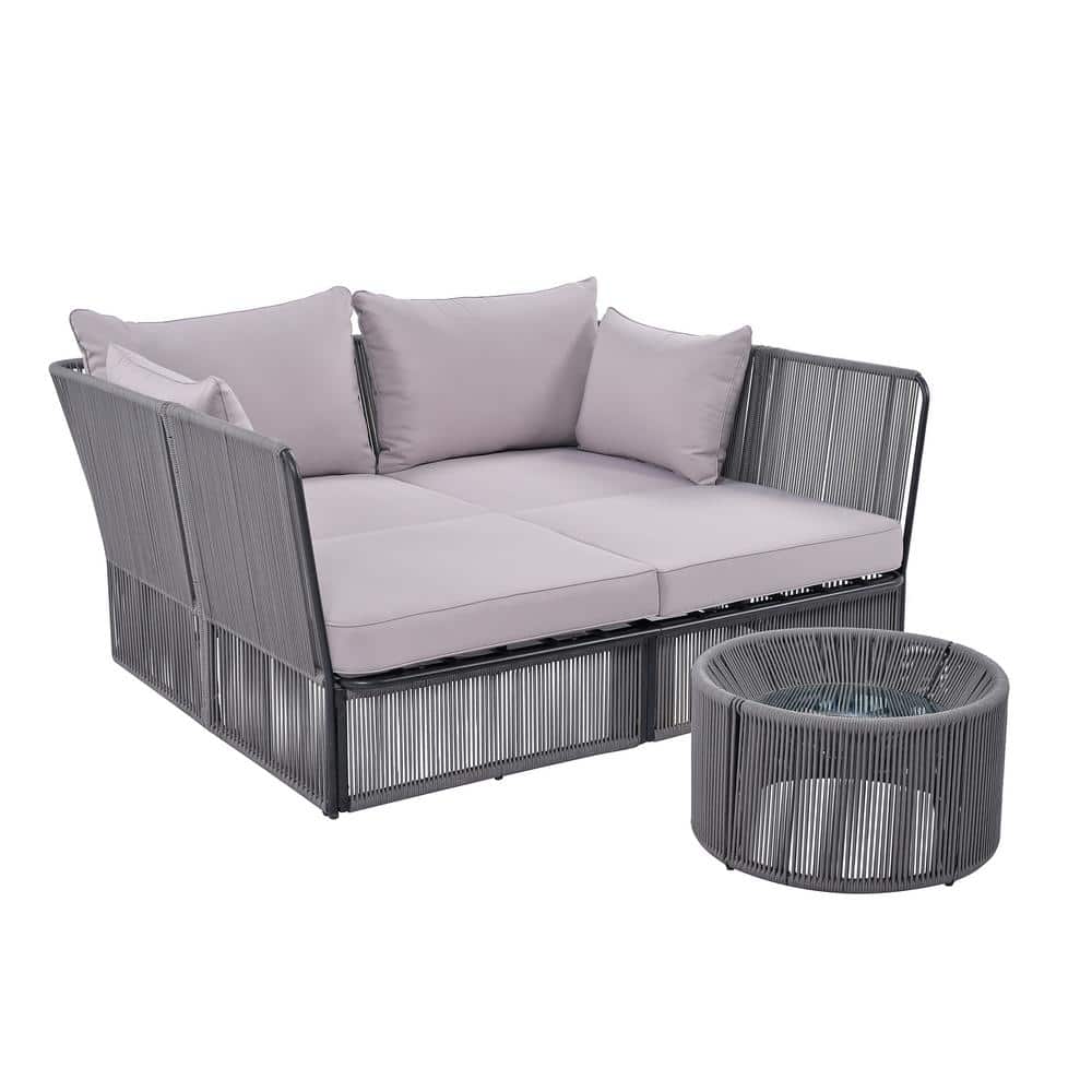 Wicker Outdoor Day Bed with Gray Cushions, 2-Piece Outdoor Sunbed and Coffe