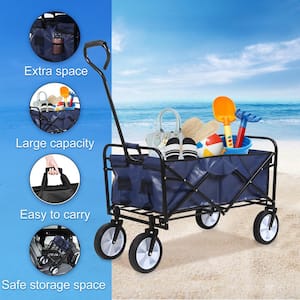 8 cu. ft. Blue Steel Rolling Collapsible Garden Cart Camping Wagon with Swivel Wheels and Adjustable Handle