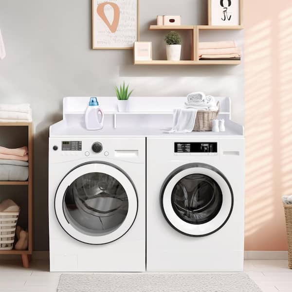 White Wood Washer Dryer Countertop, Storage Shelf with Rounded Edge Rails for Kitchen Laundry Room Organization