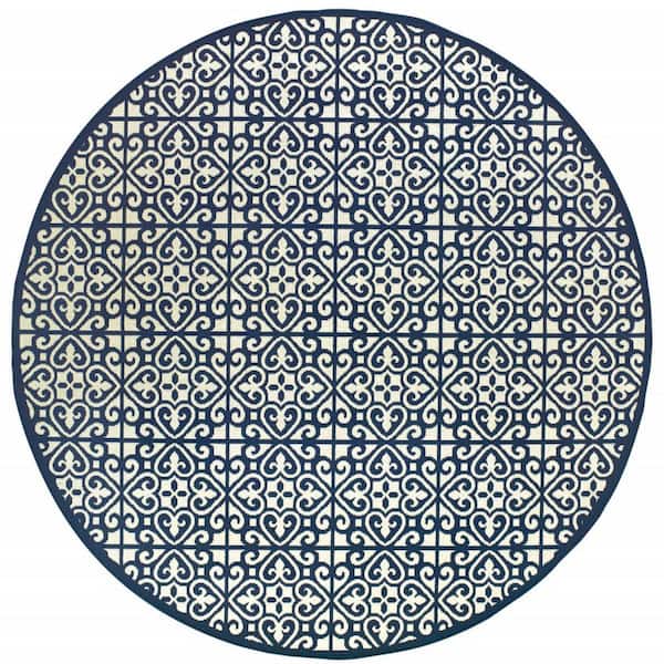 Ivory, Blue 8 ft. x 8 ft. Loomed Geometric Polypropylene Round Indoor/Outdoor Area Rug