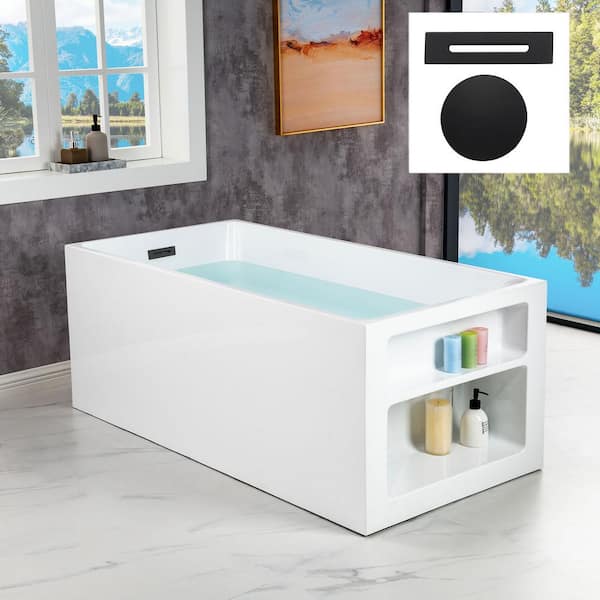 WOODBRIDGE Talence 59 in. Acrylic Freestanding Rectange Soaking Bathtub with Matte Black Drain and Overflow Included in White