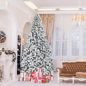 9 ft. Green PVC Unlit Snow Flocked Regular (Full) Artificial Christmas Tree with 1498 Tips and Sturdy Metal Stand