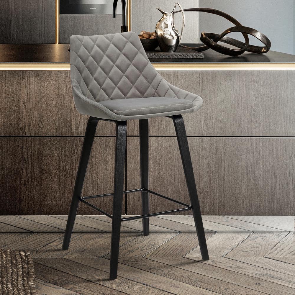 Dani 26 Gray Velvet Swivel Bar Stool in Black Brushed Wood Finish