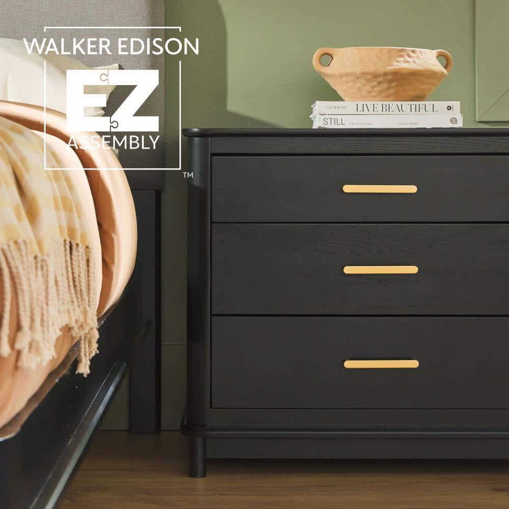 Black Solid Wood 3-Drawer Nightstand with Gold Handles