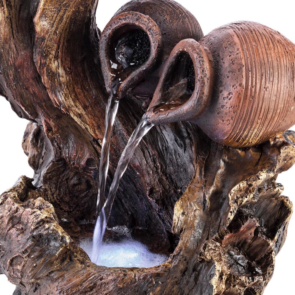 Rustic Brown Fiberglass Tabletop Fountain with LED Lights