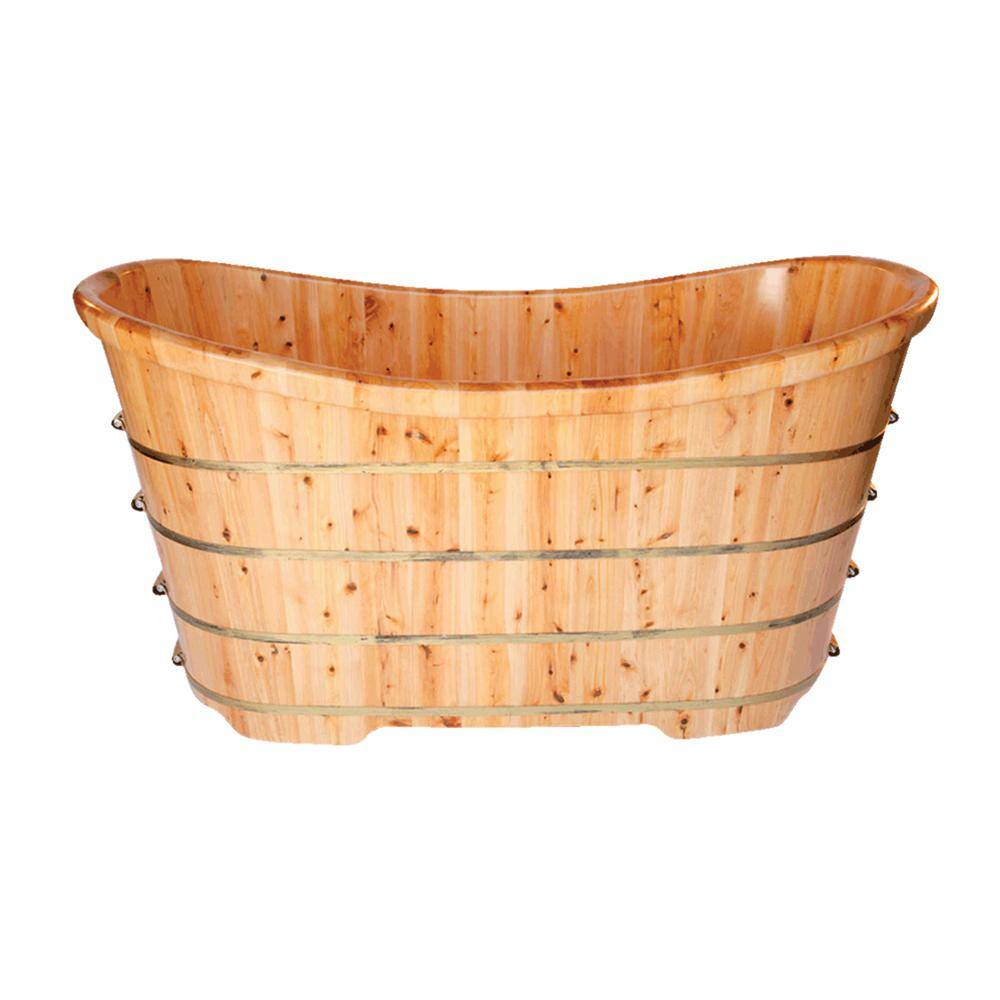 63'' Natural Cedar Freestanding Soaking Bathtub with Iron Wraps