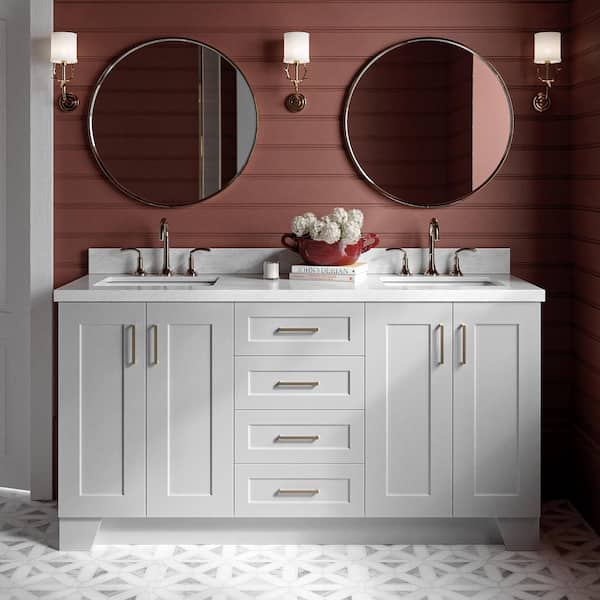 ARIEL Taylor 67 in. W x 22 in. D x 36 in. H Double Sink Freestanding Bath Vanity in Grey with Carrara White Marble Top