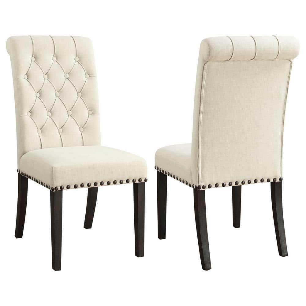 High-Back Beige Linen Upholstered Side Chair with Tufted Detail