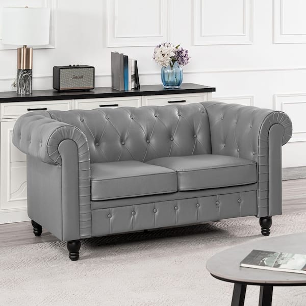HOMESTOCK 66.53 in. Gray Faux Leather 2-Seater Loveseat