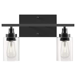 14 in. 2-Light Matte Black Modern Vanity-Light with Clear Glass Shade