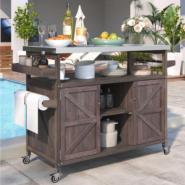 Brown Stainless Steel Top 50.25 in. Outdoor Solid Wood Kitchen Island with Internal Storage Rack and Adjustable Shelf
