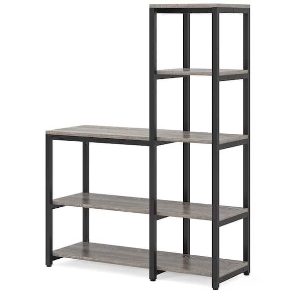 BYBLIGHT Eulas 57 in. Tall Gray Engineered Wood 5-Shelf Standard Bookcase with Storage