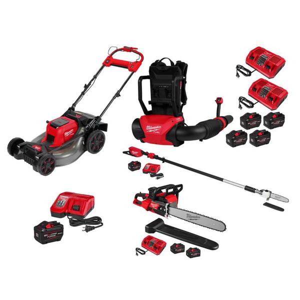 M18 FUEL Brushless Cordless 21 in Dual Battery SP Mower w/ FORGE Starter Kit, Backpack Blower, Chainsaw, Pole Saw
